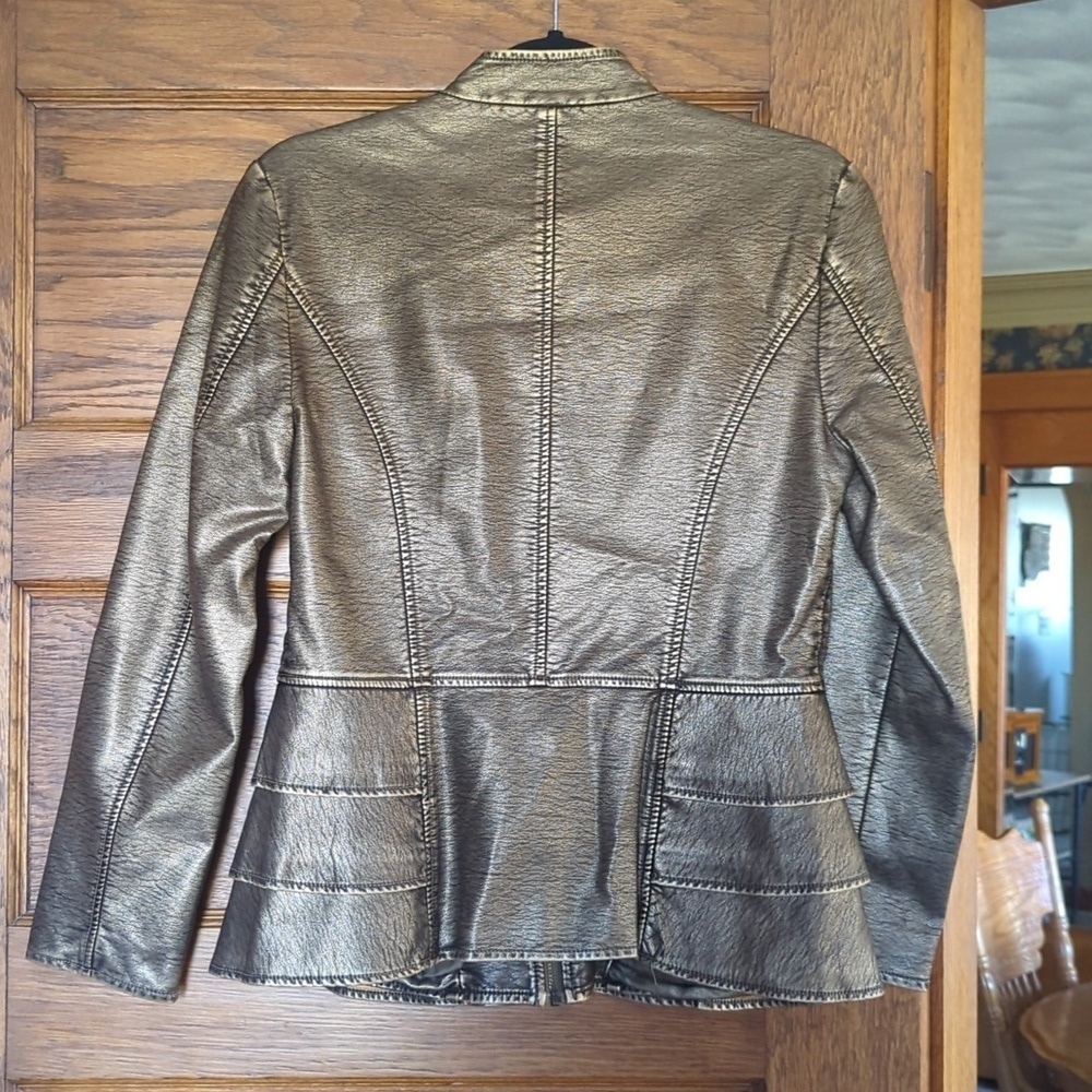 V Christina Faux Leather Peplum Moto Jacket Gold Size Women's Small - Picture 3 of 6